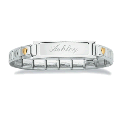 Silver charm bracelet with engraved nameplate