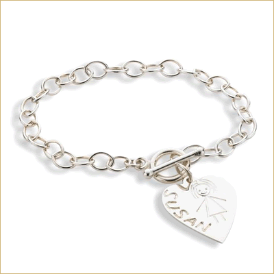 Silver toggle bracelet with engraved heart charm