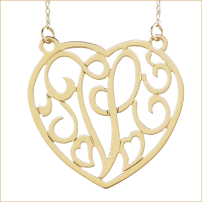 Gold heart scroll initial monogram pendant